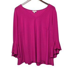 Laura Plus Women’s Fuchsia Pink V-Neck 3X Flowy Ruffle Sleeve Stretch Top
